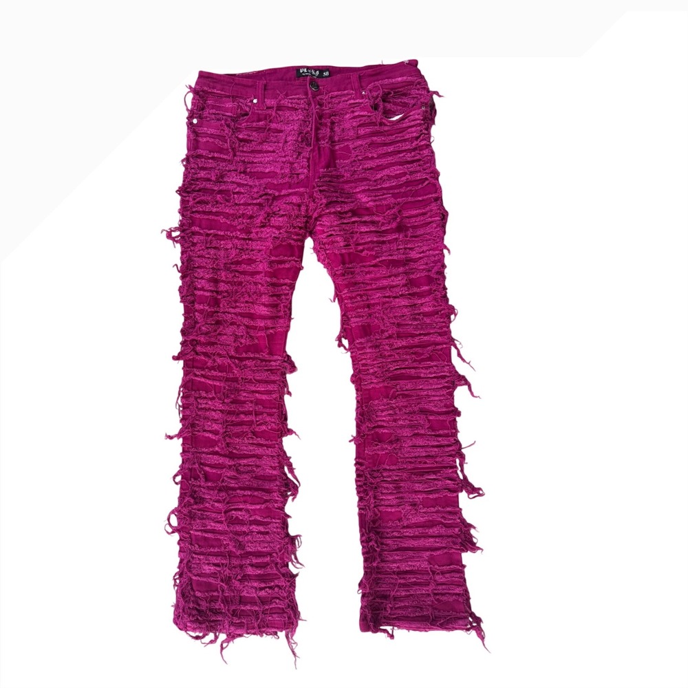 Politics Magenta Pink Heavily Distressed Shredded Stacked Jeans Mens Size 38